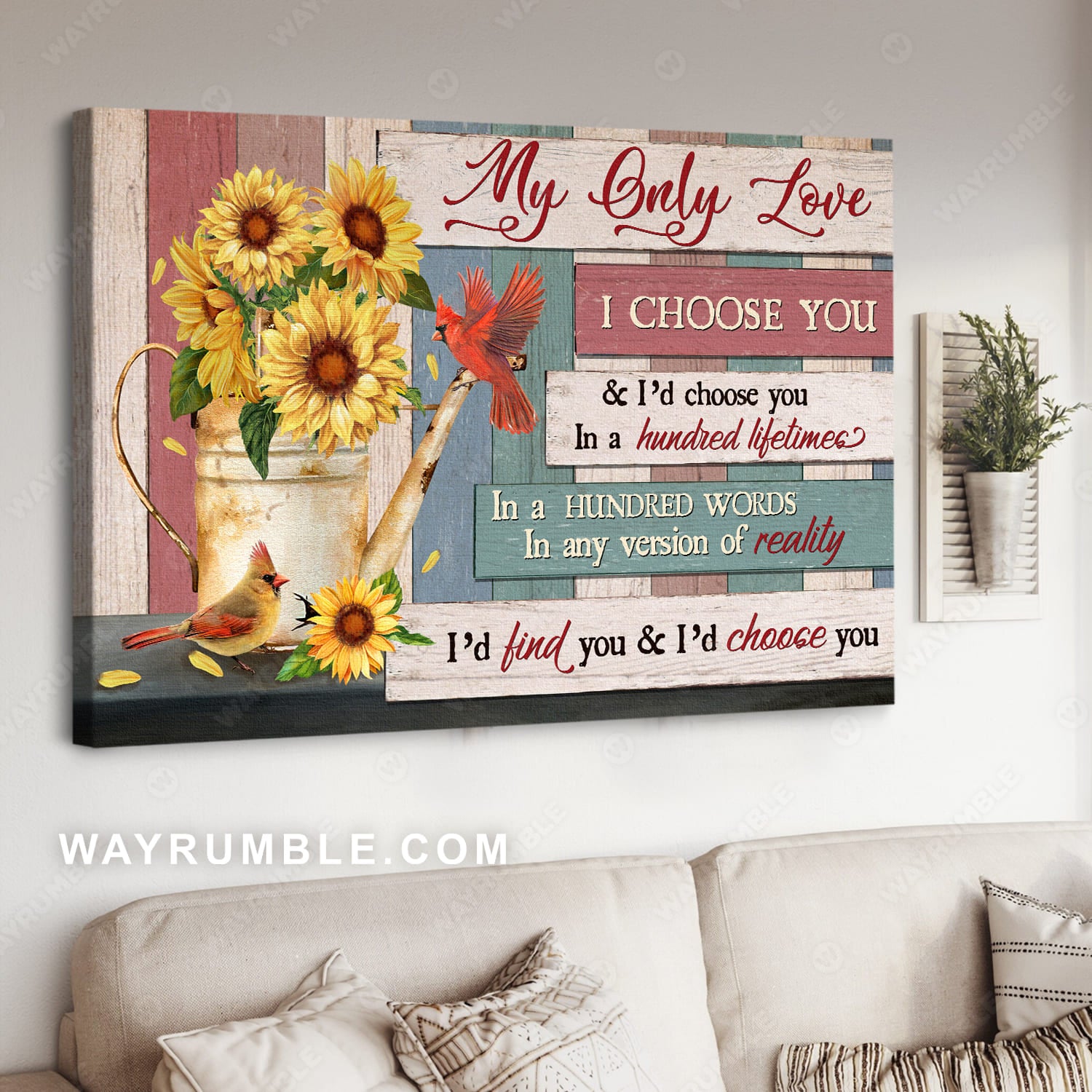 Sunflower drawing, Old vase, Red cardinal, I'd choose you in a hundred lifetimes - Couple Landscape Canvas Prints, Wall Art