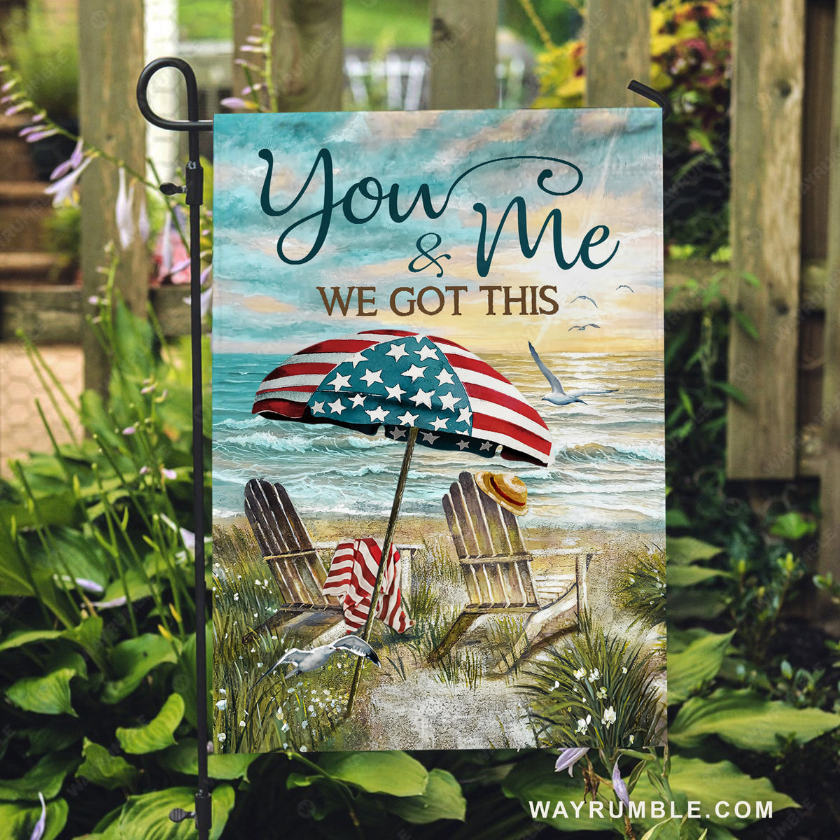 Beach umbrella, USA flag, Sunrise ocean, We got this - Couple Flag