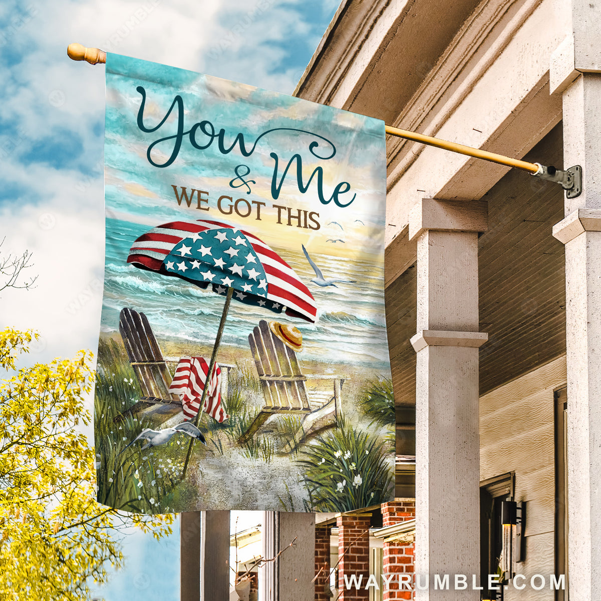 Beach umbrella, USA flag, Sunrise ocean, We got this - Couple Flag