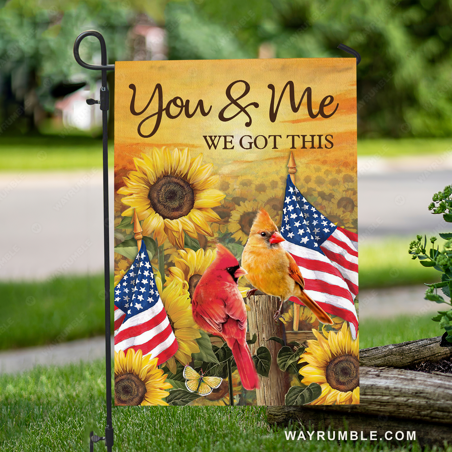 Sunflower field, Pretty cardinal, Small US flag, You and me, We got this - Couple Flag