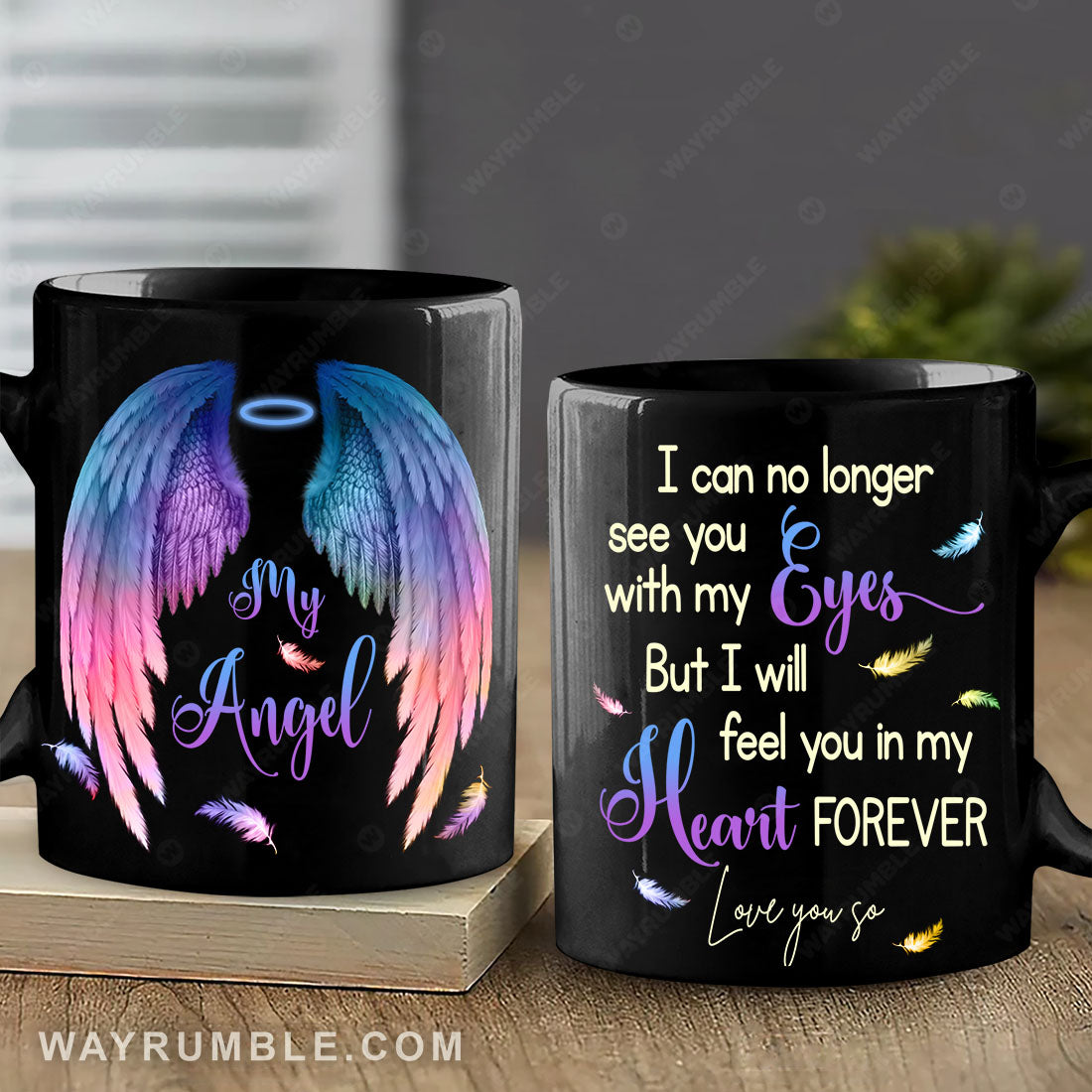 Angel wings, Colorful feathers, I will feel you in my heart forever - Couple Black Mug