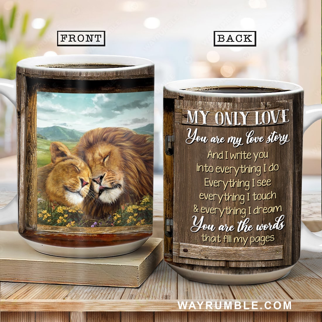 Watercolor lion, Yellow flower field, Meadow land, You are my love story - Couple AOP Mug