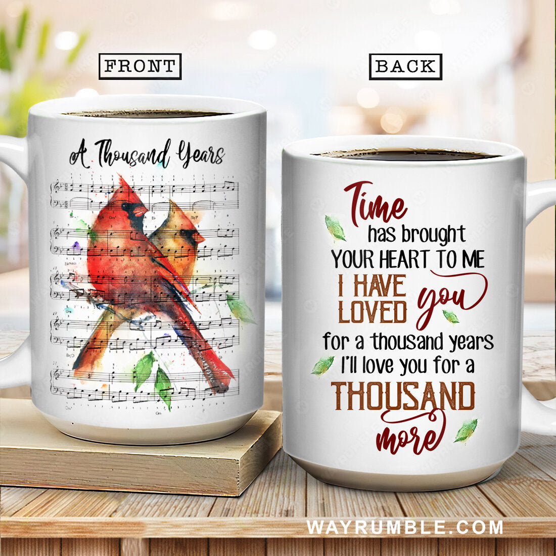 Cardinal painting, Sheet music, Green leaf, I have loved you for a thousand years - Couple White Mug