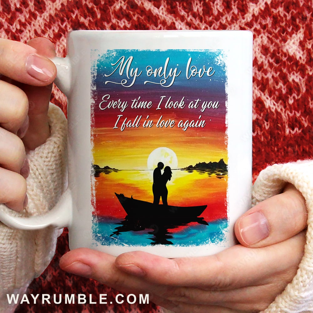 Sunset on the sea, Couple silhouette, Every time I look at you, I fall in love again - Couple White Mug