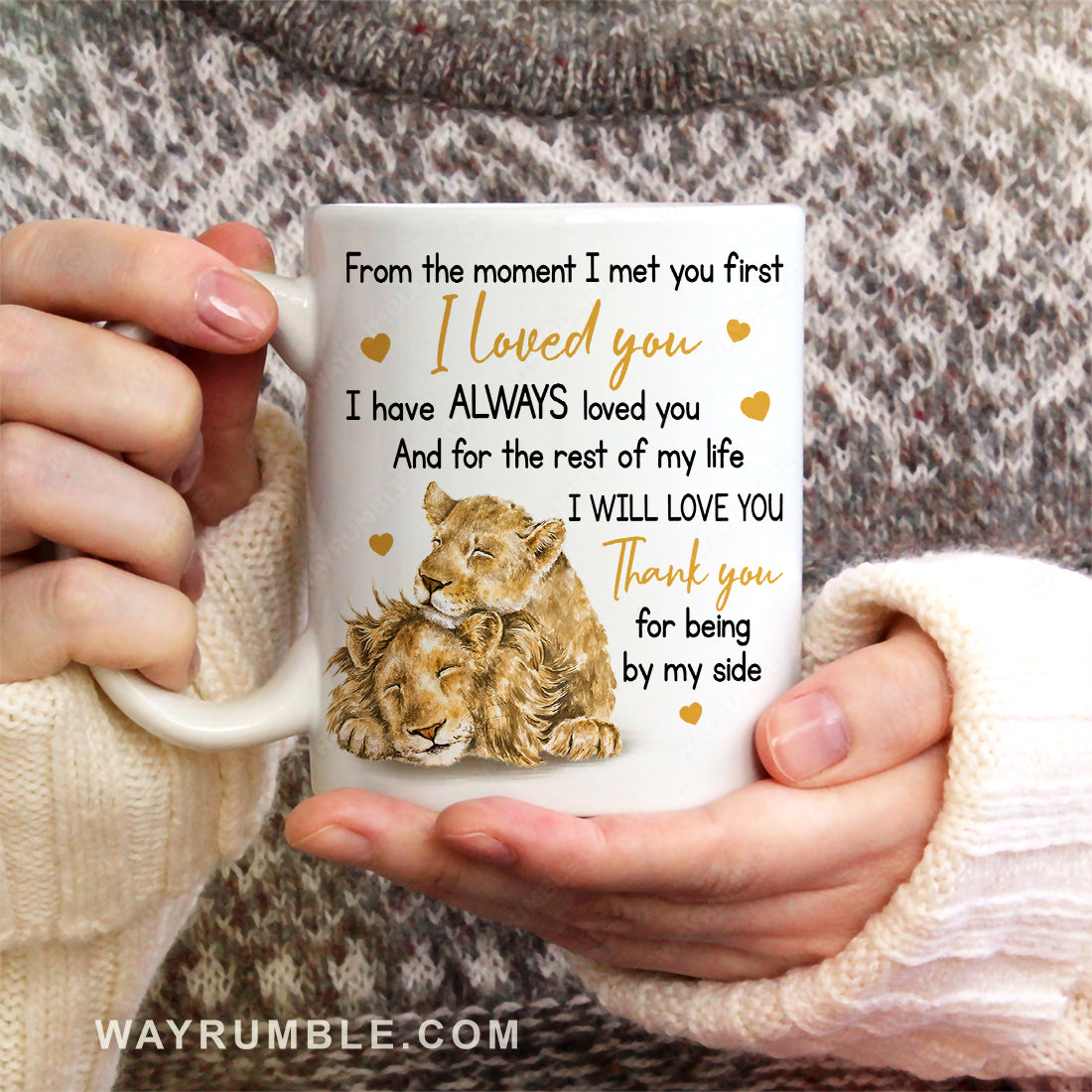 Watercolor lion, Yellow heart, Gift for lover, Thank you for being by my side - Couple White Mug