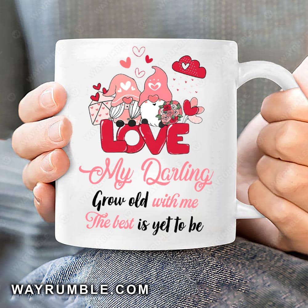 Gnome couple, Pink heart painting, Grow old with me, The best is yet to be - Couple White Mug