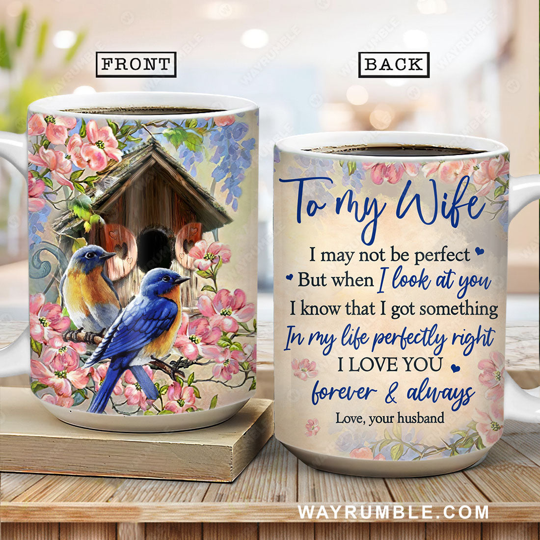 To my wife, Eastern bluebird, Vintage flower, Bird house, I love you forever & always - Couple AOP Mug