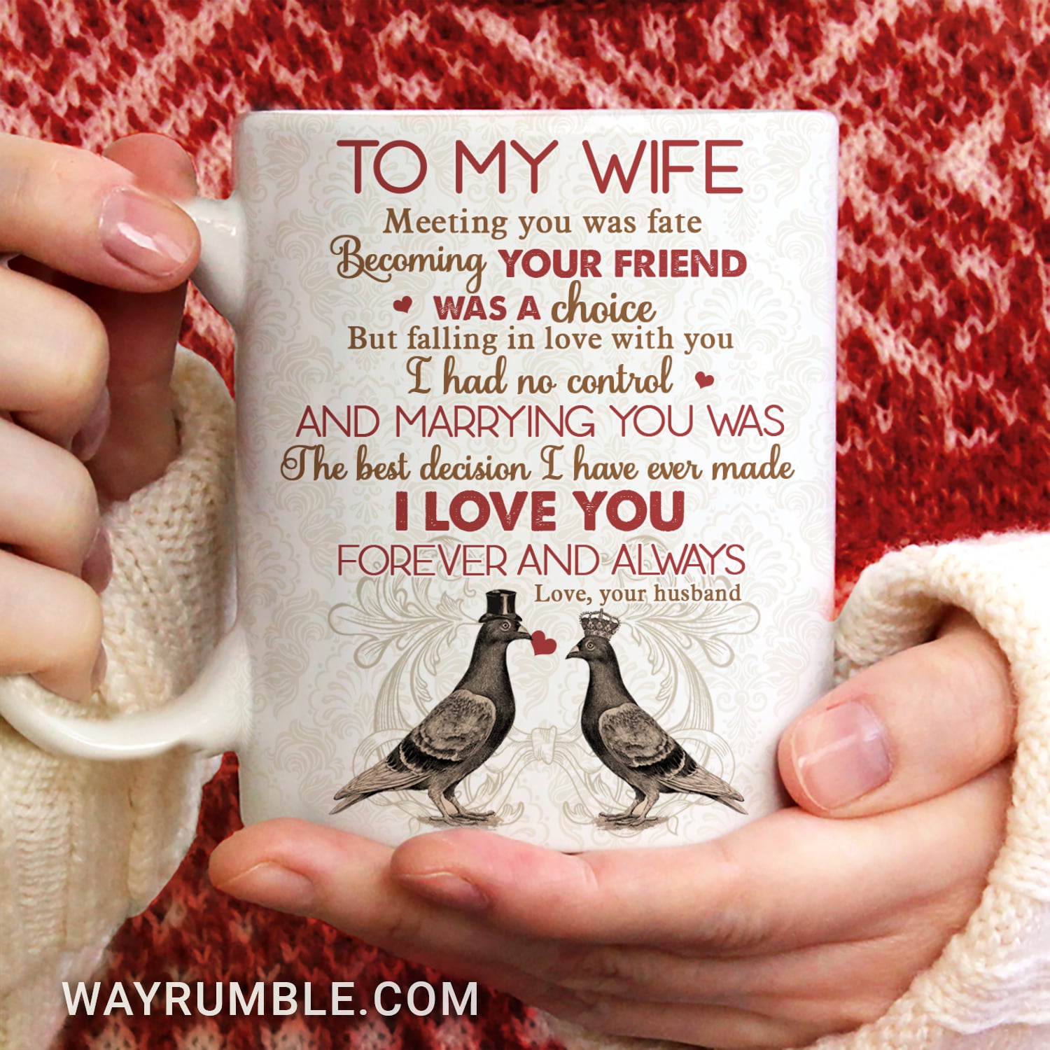 To my wife, Homing pigeon, Vintage pattern, I love you forever and always - Couple White Mug