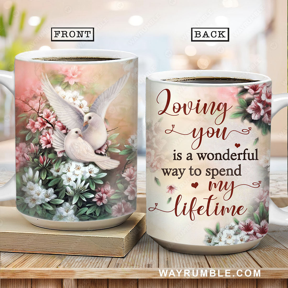Dove drawing, Jasmine flower, Loving you is a wonderful way to spend my lifetime - Couple AOP Mug
