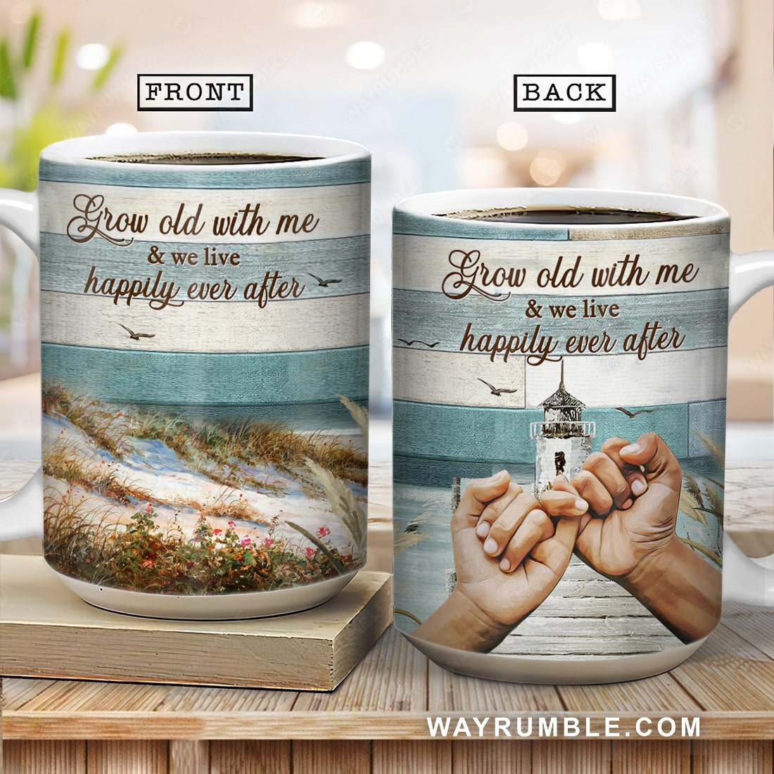 Hand in hand, Lighthouse drawing, Ocean painting, Grow old with me and we live happily ever after - Couple AOP Mug