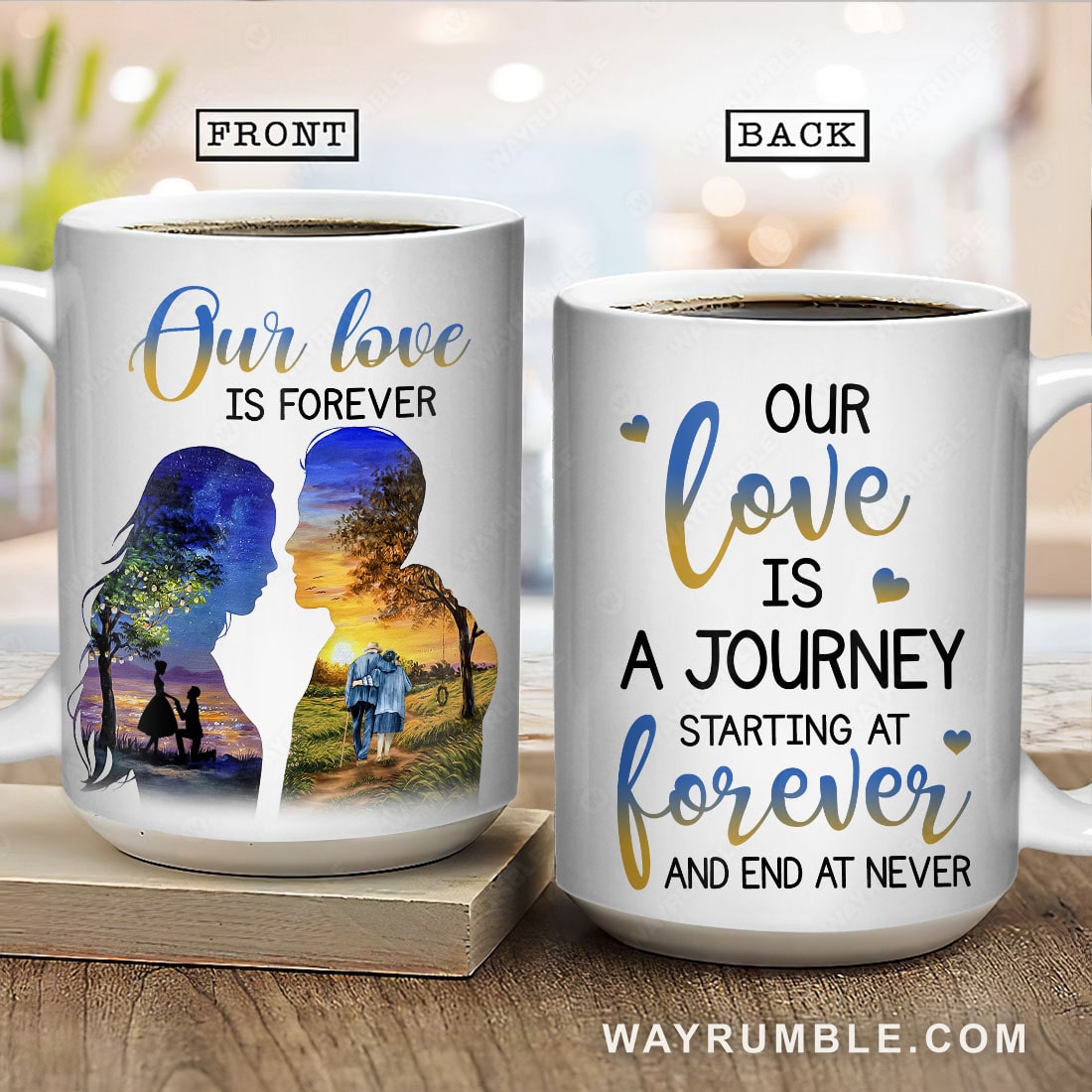 Orange sunset, Beautiful night, Old couple walking, Our love is a journey - Couple White Mug