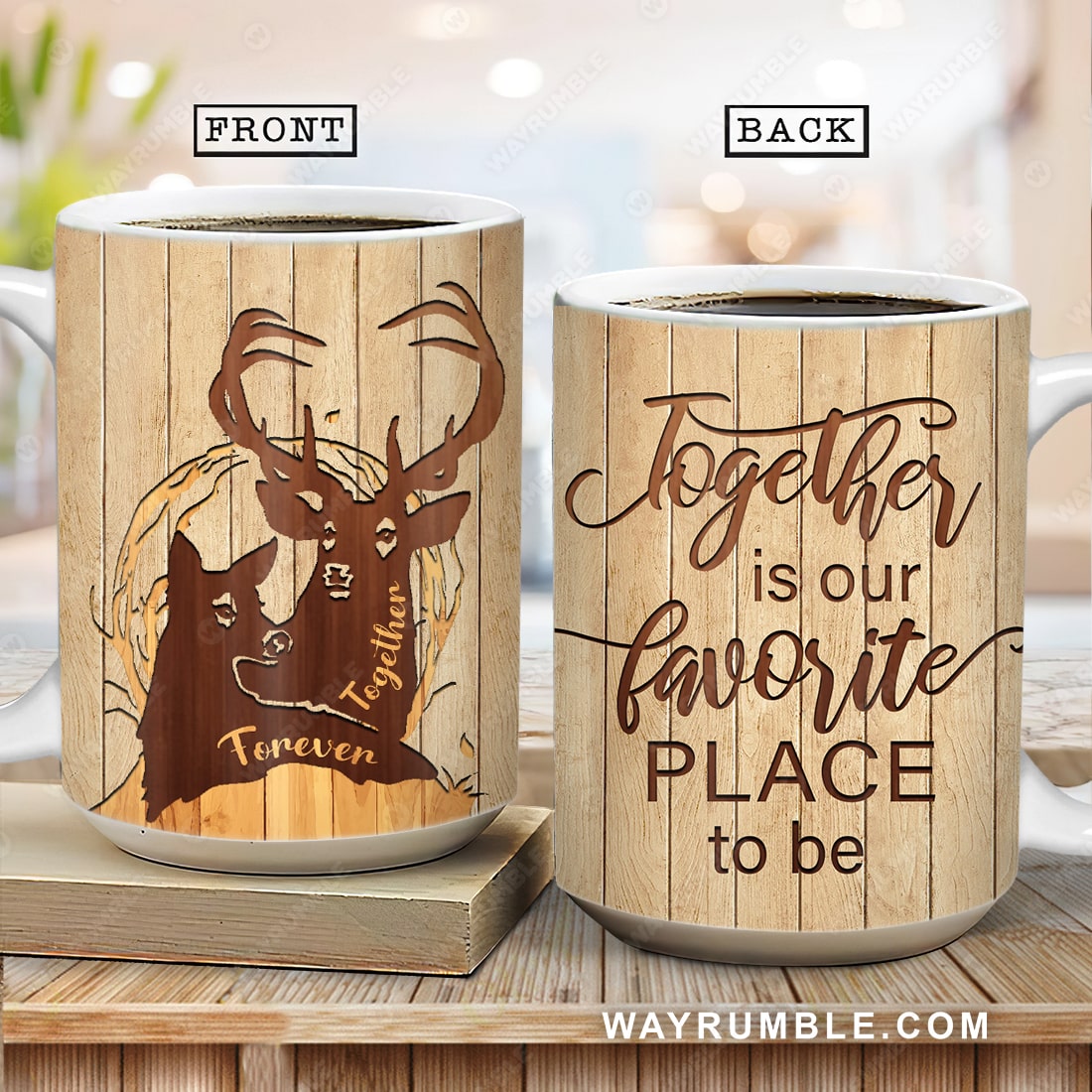 Deer couple, Wooden background, Together is our favorite place - Coupe AOP Mug