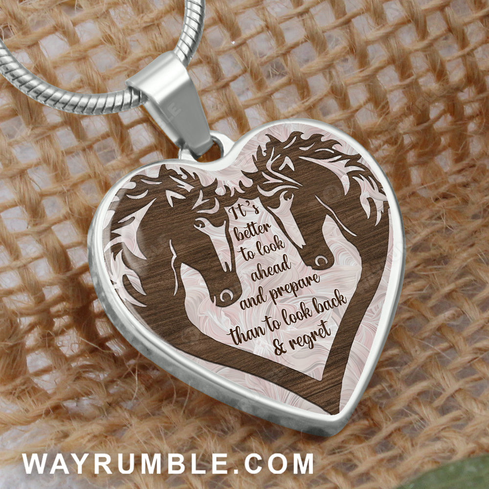 Horse symbol, Wooden heart, It's better to look ahead - Couple Heart Necklace