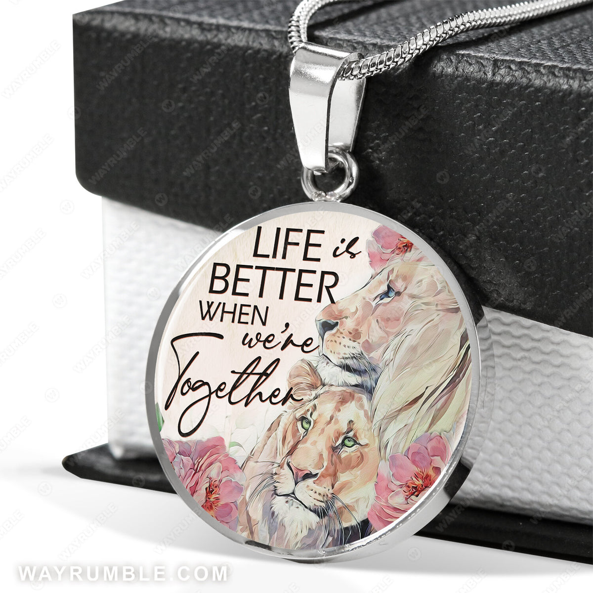 Watercolor lion, Pink flower, Couple gift, Life is better when we&#39;re together - Couple Circle Necklace