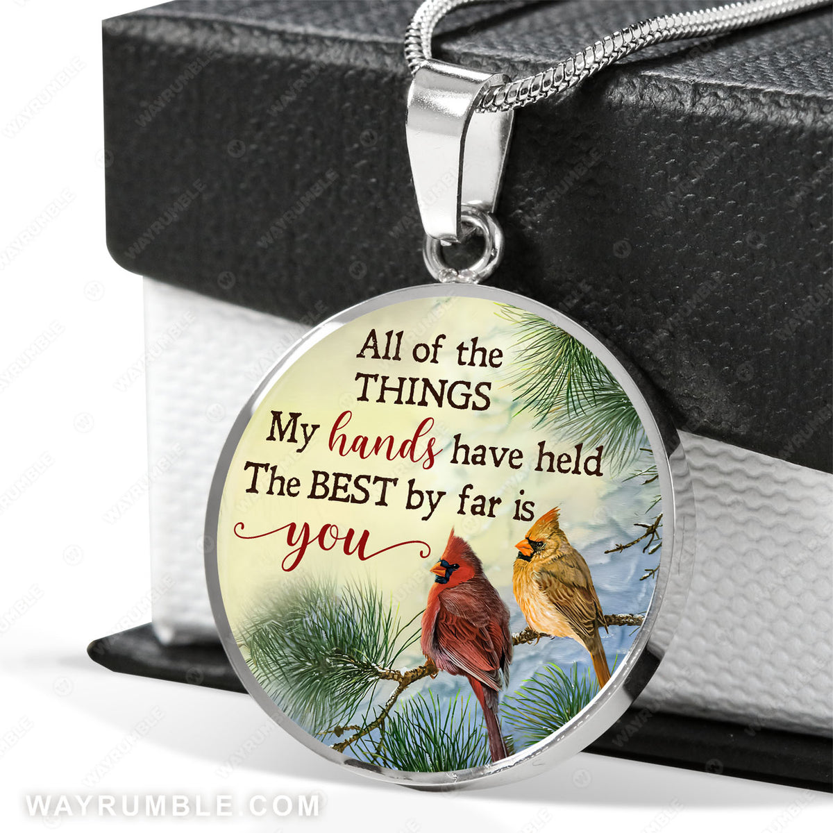 Cardinal drawing, Pine tree, All of the things my hands have held the best by far is you - Couple Circle Necklace