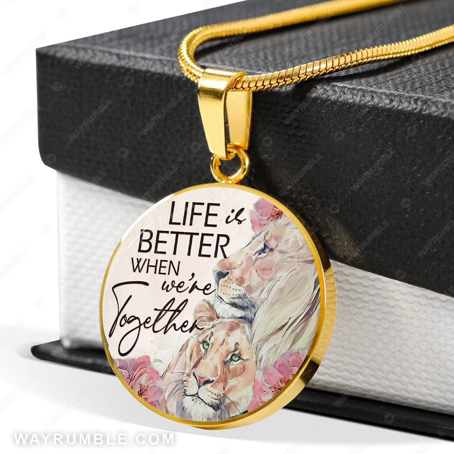 Watercolor lion, Pink flower, Couple gift, Life is better when we're together - Couple Circle Necklace