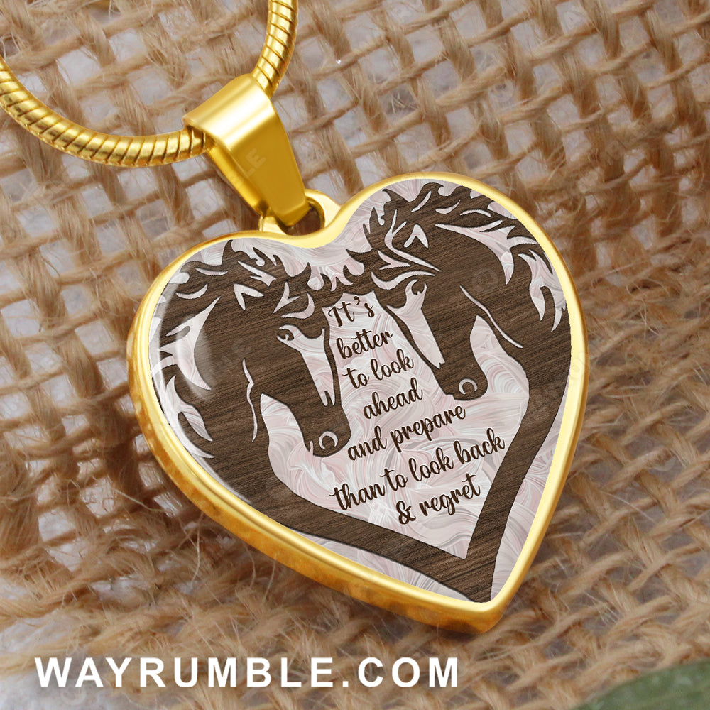 Horse symbol, Wooden heart, It&#39;s better to look ahead - Couple Heart Necklace