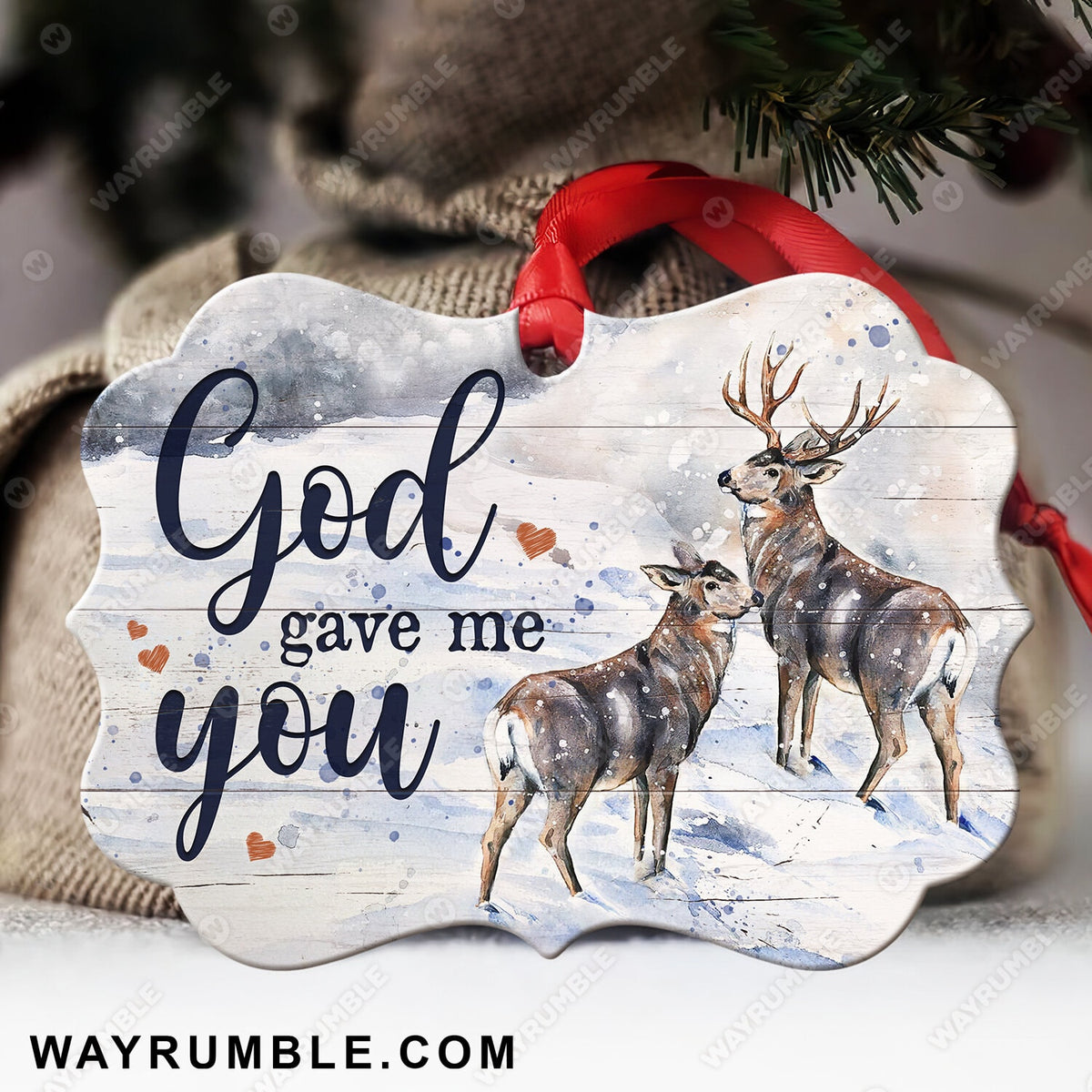Cute deer drawing, Winter forest, White snow, God gave me you - Couple Aluminum Ornament