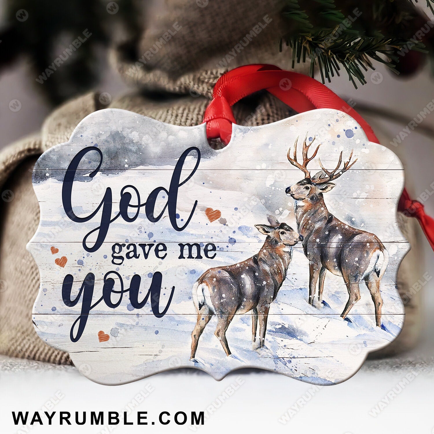 Cute deer drawing, Winter forest, White snow, God gave me you - Couple Aluminum Ornament
