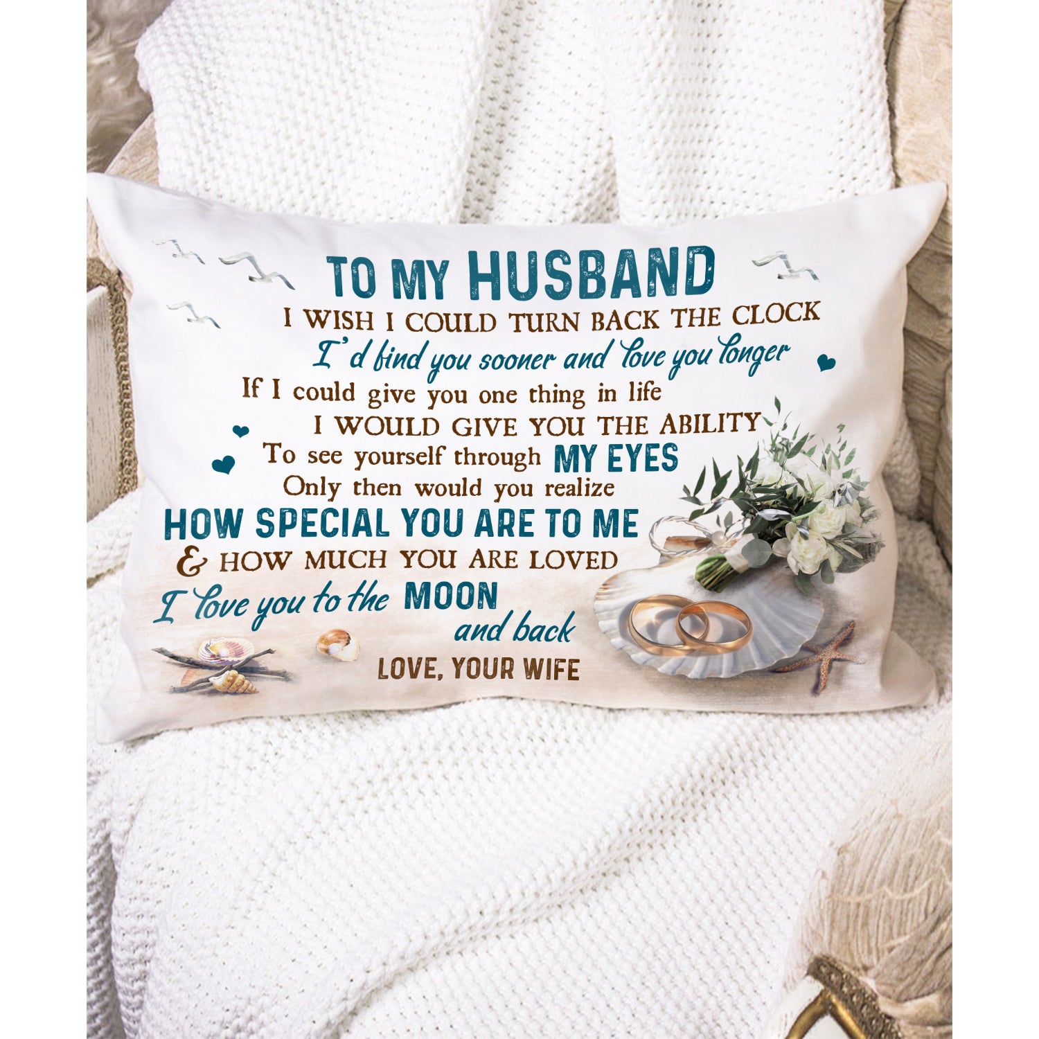 To my husband - Seashell on the beach - I love you to the moon and back - Couple Pillow