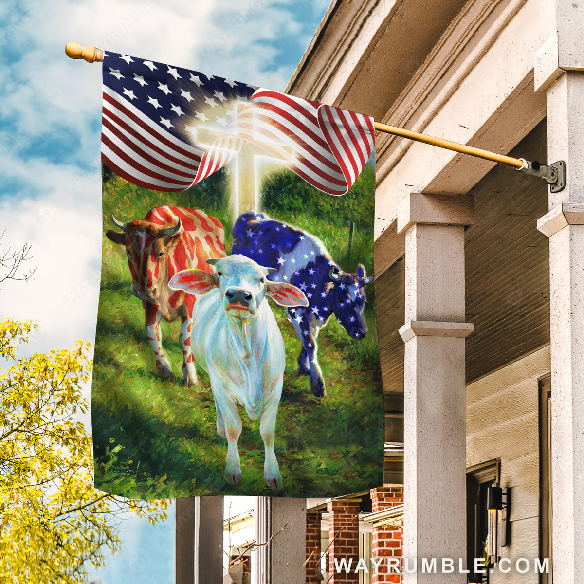 Unique cow, Green meadow land, Cross symbol, Flying US flag - Cow Flag