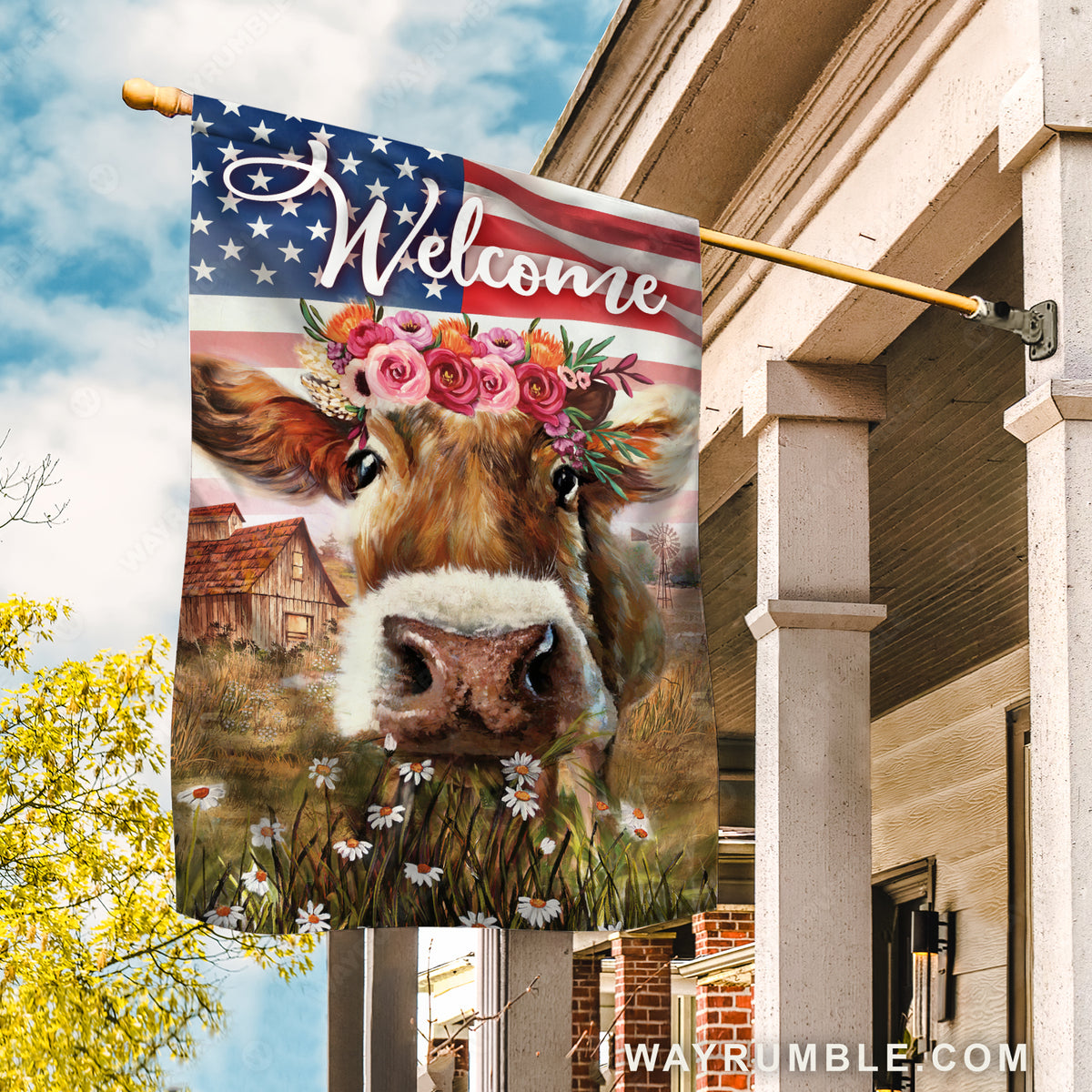 Dairy cow drawing, Beautiful flower wreath, Daisy, Welcome - Cow Flag