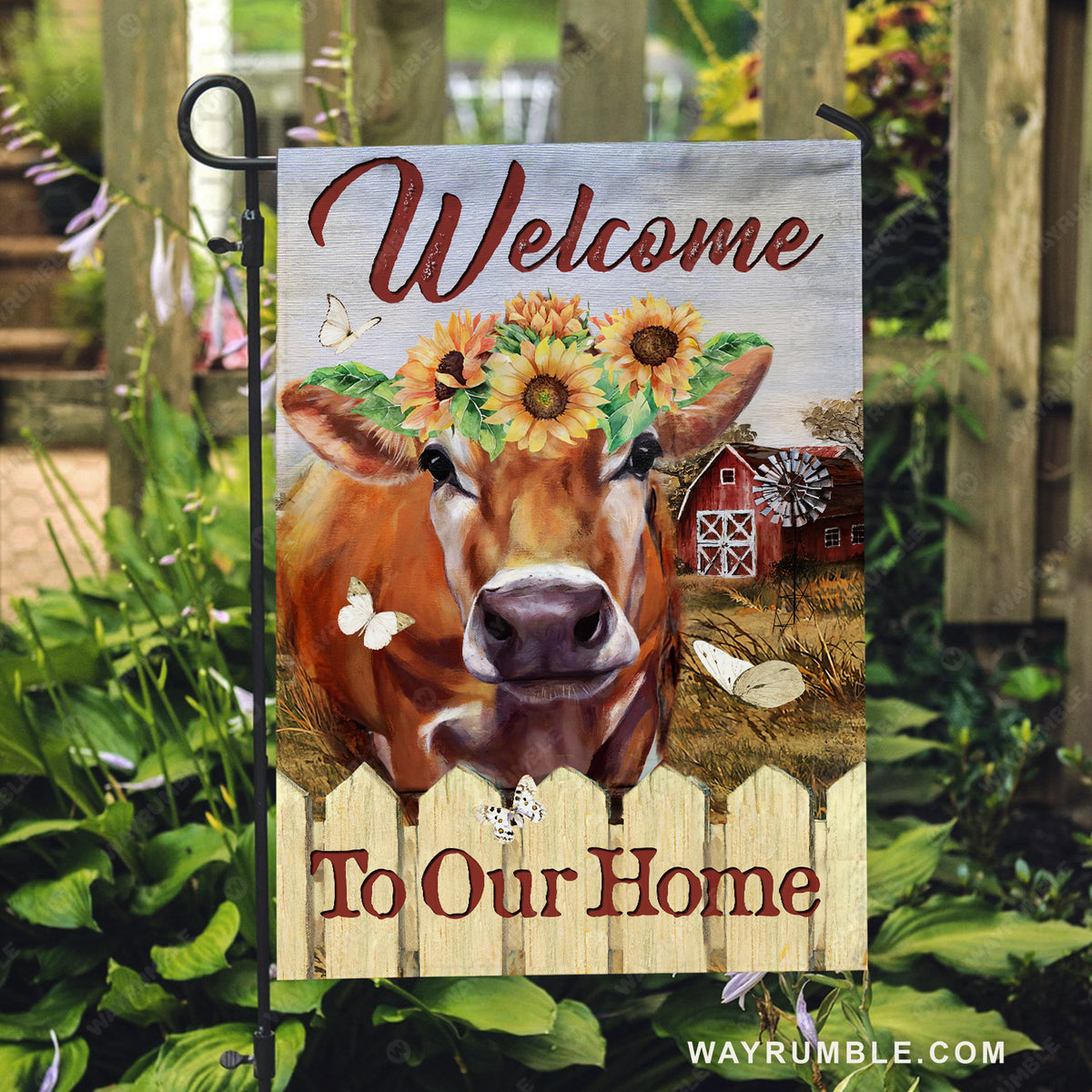 Sunflower wreath, Brown cow, Rice field, Welcome to our home - Cow Flag