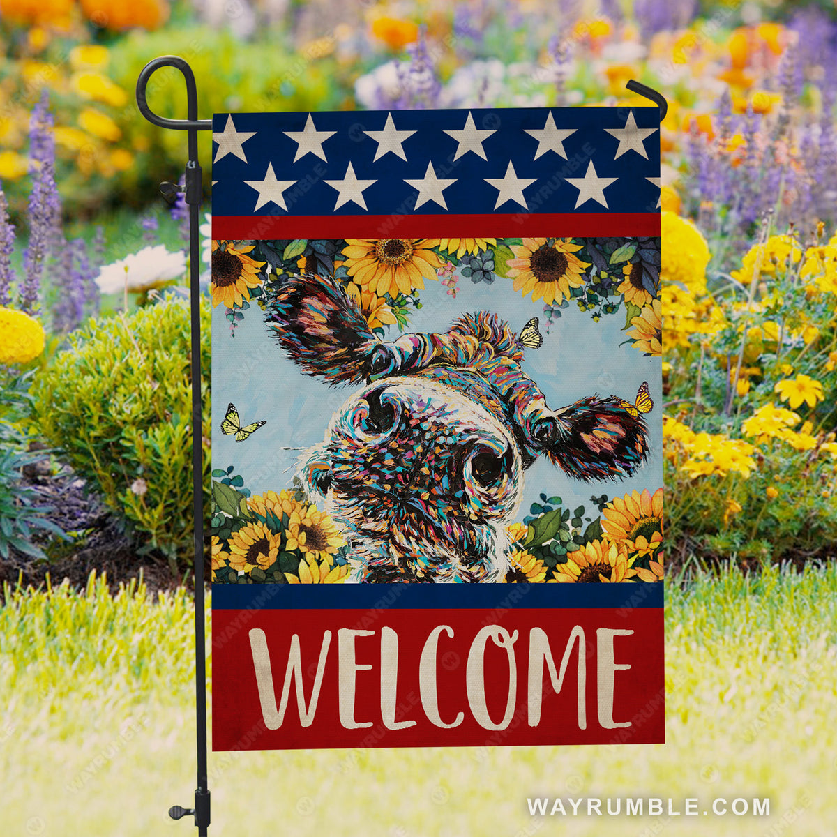 Cow face, Colorful painting, Sunflower garden, USA flag, Welcome - Cow Flag
