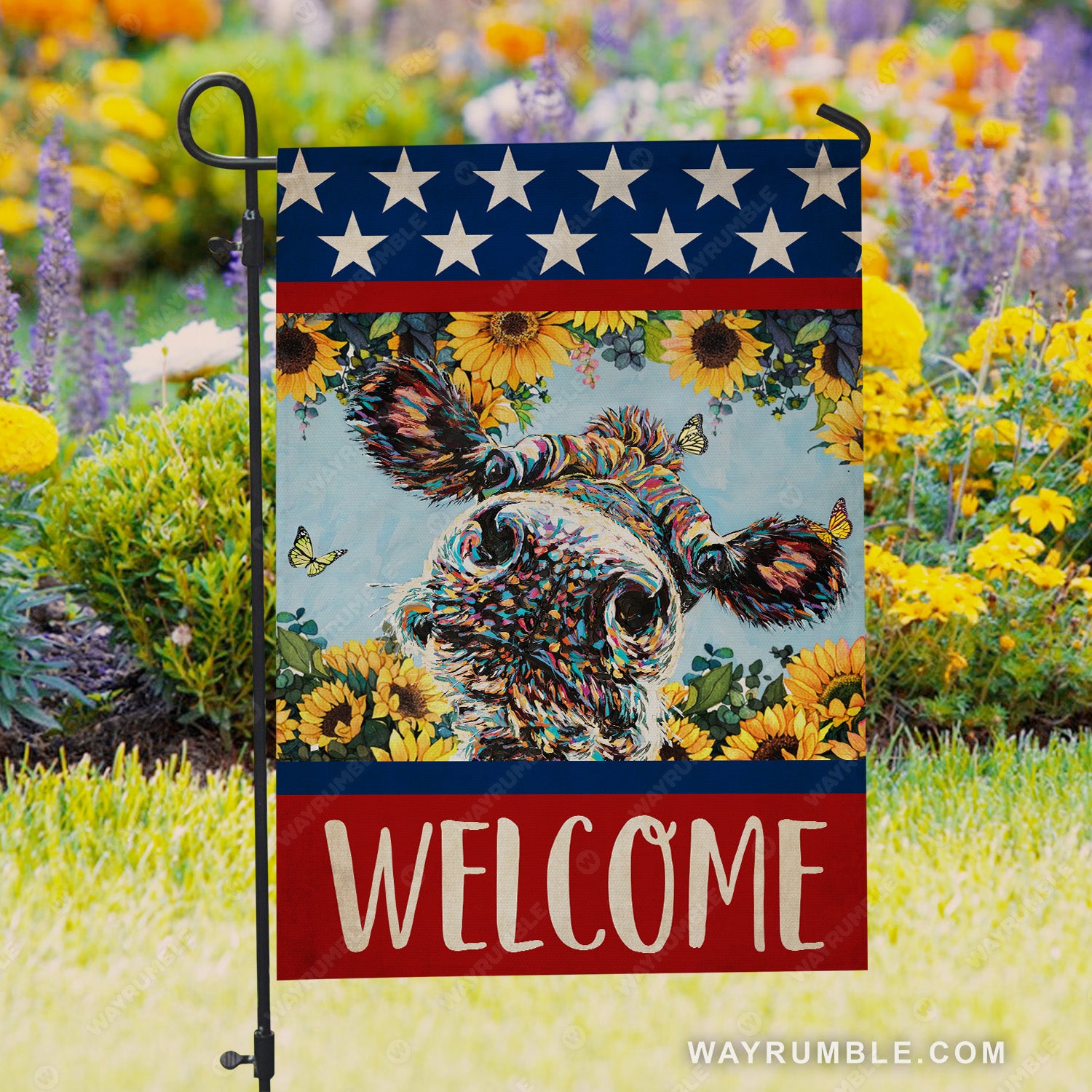 Cow face, Colorful painting, Sunflower garden, USA flag, Welcome - Cow Flag