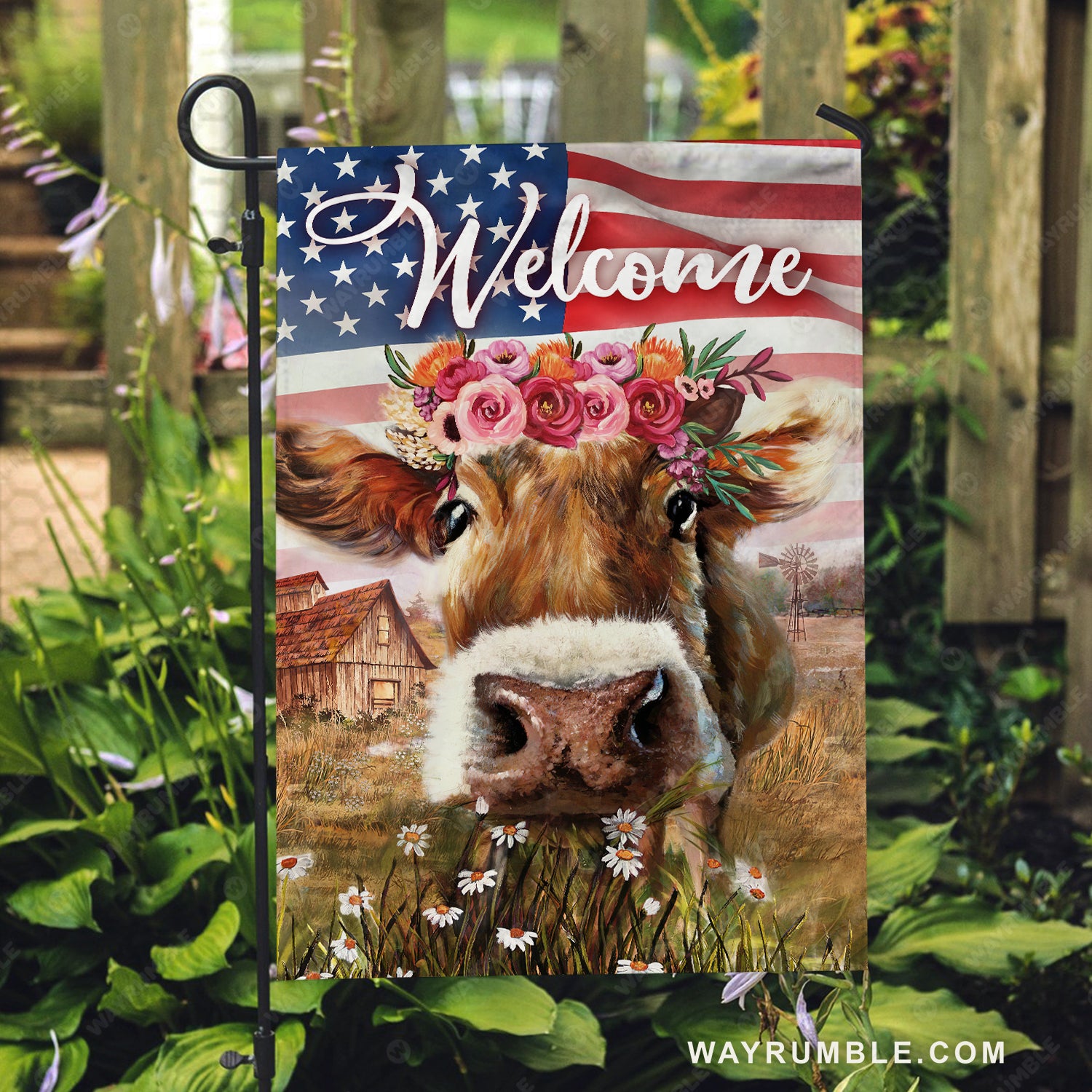 Dairy cow drawing, Beautiful flower wreath, Daisy, Welcome - Cow Flag