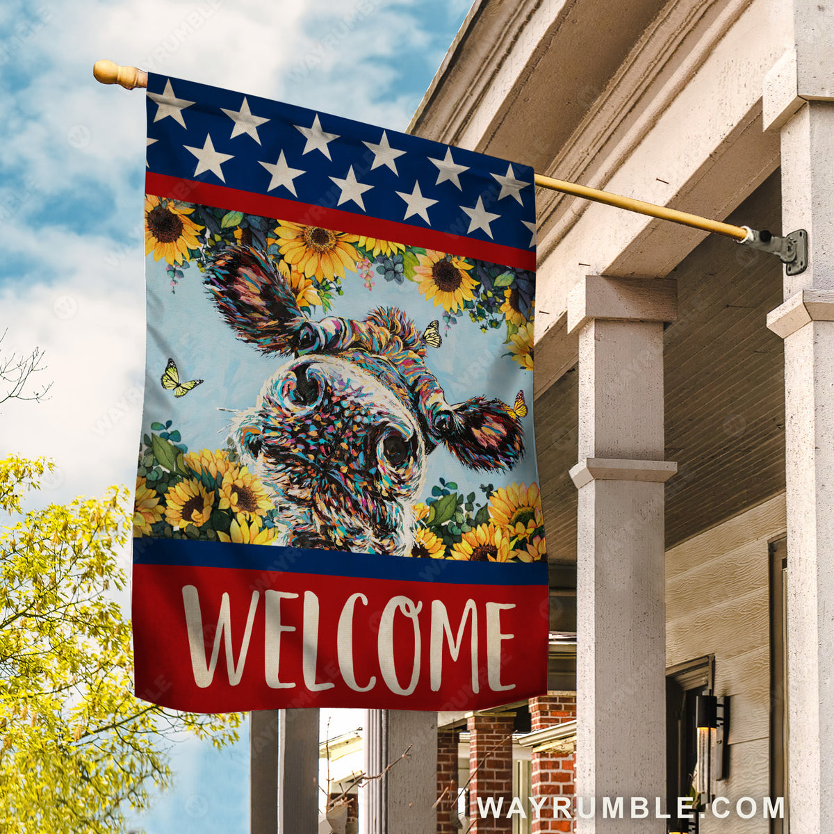 Cow face, Colorful painting, Sunflower garden, USA flag, Welcome - Cow Flag