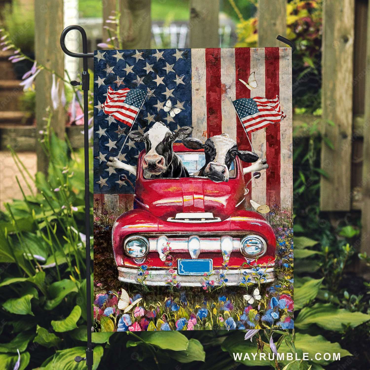 Dairy cows, Red truck, Flower garden, USA flag - Cow Flag
