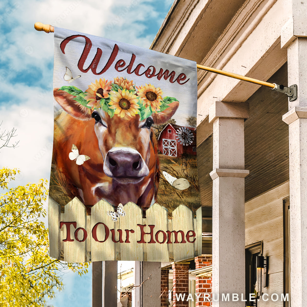 Sunflower wreath, Brown cow, Rice field, Welcome to our home - Cow Flag