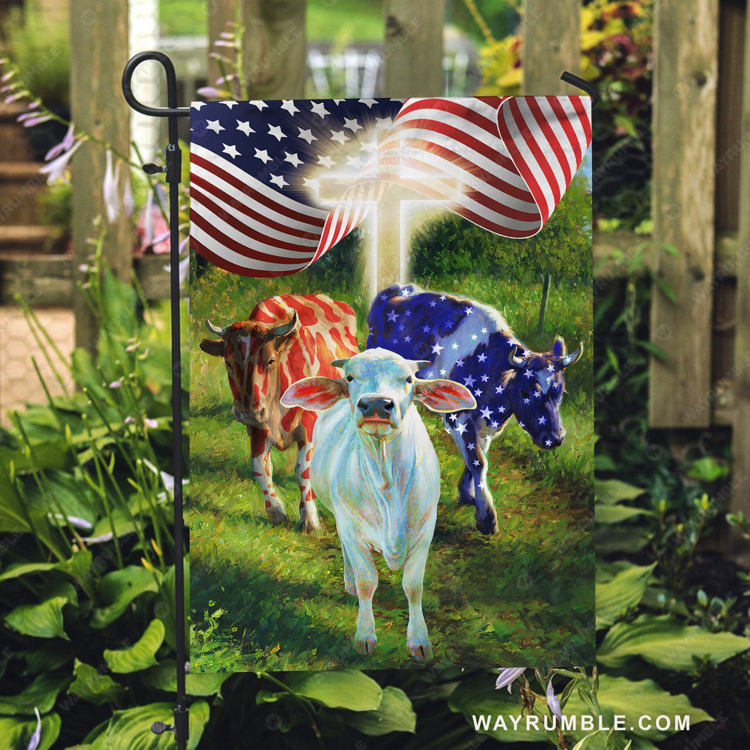Unique cow, Green meadow land, Cross symbol, Flying US flag - Cow Flag