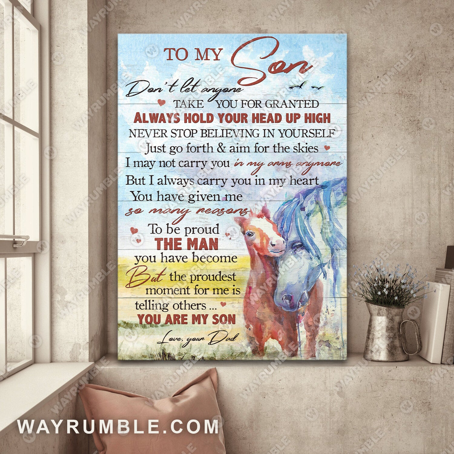 Dad to son, Horse watercolor painting, Never stop believing in yourself - Family Portrait Canvas Prints, Wall Art