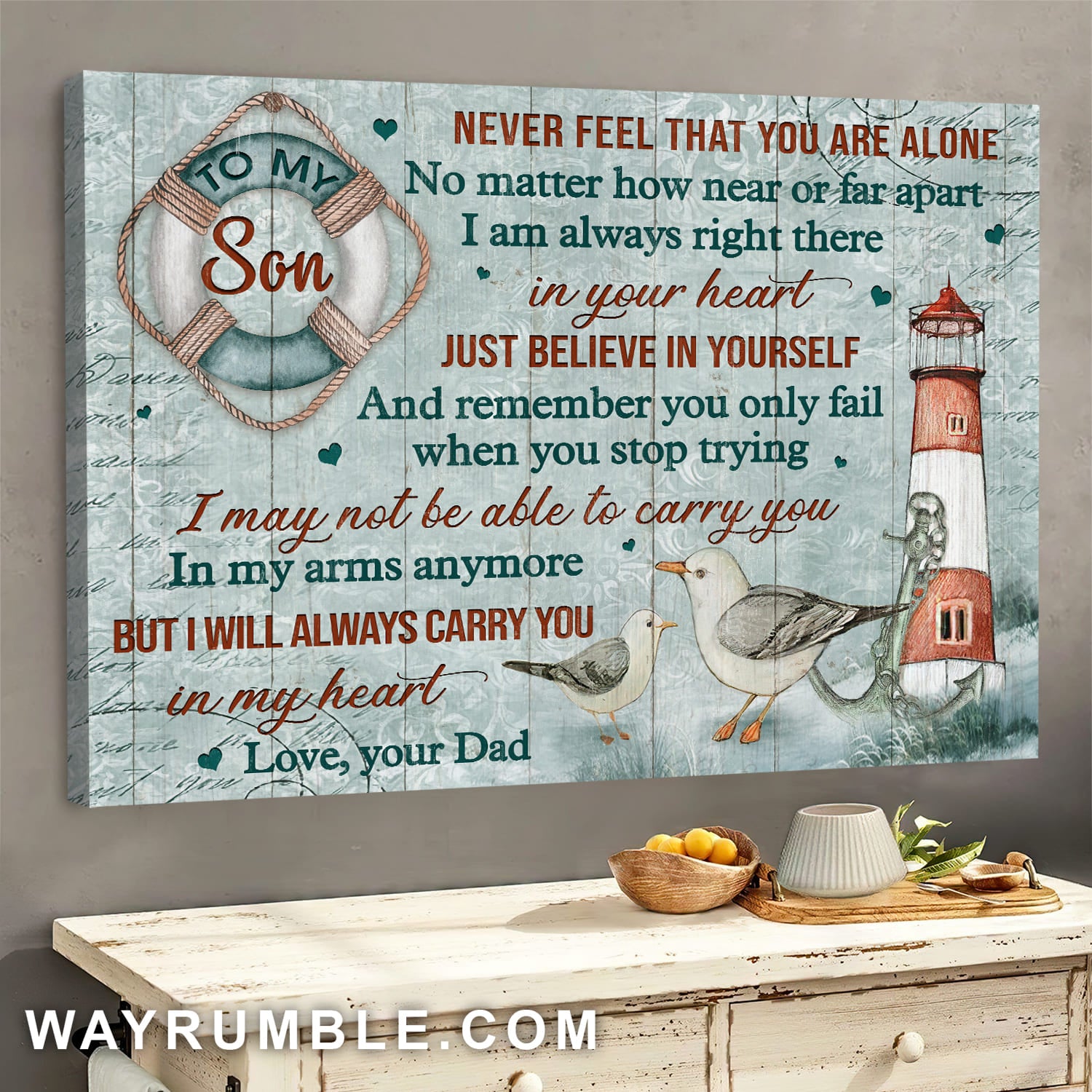 Dad to son, Lighthouse, Anchor, Lifebuoy, Bird family, Never feel that you are alone - Family Landscape Canvas Prints, Wall Art