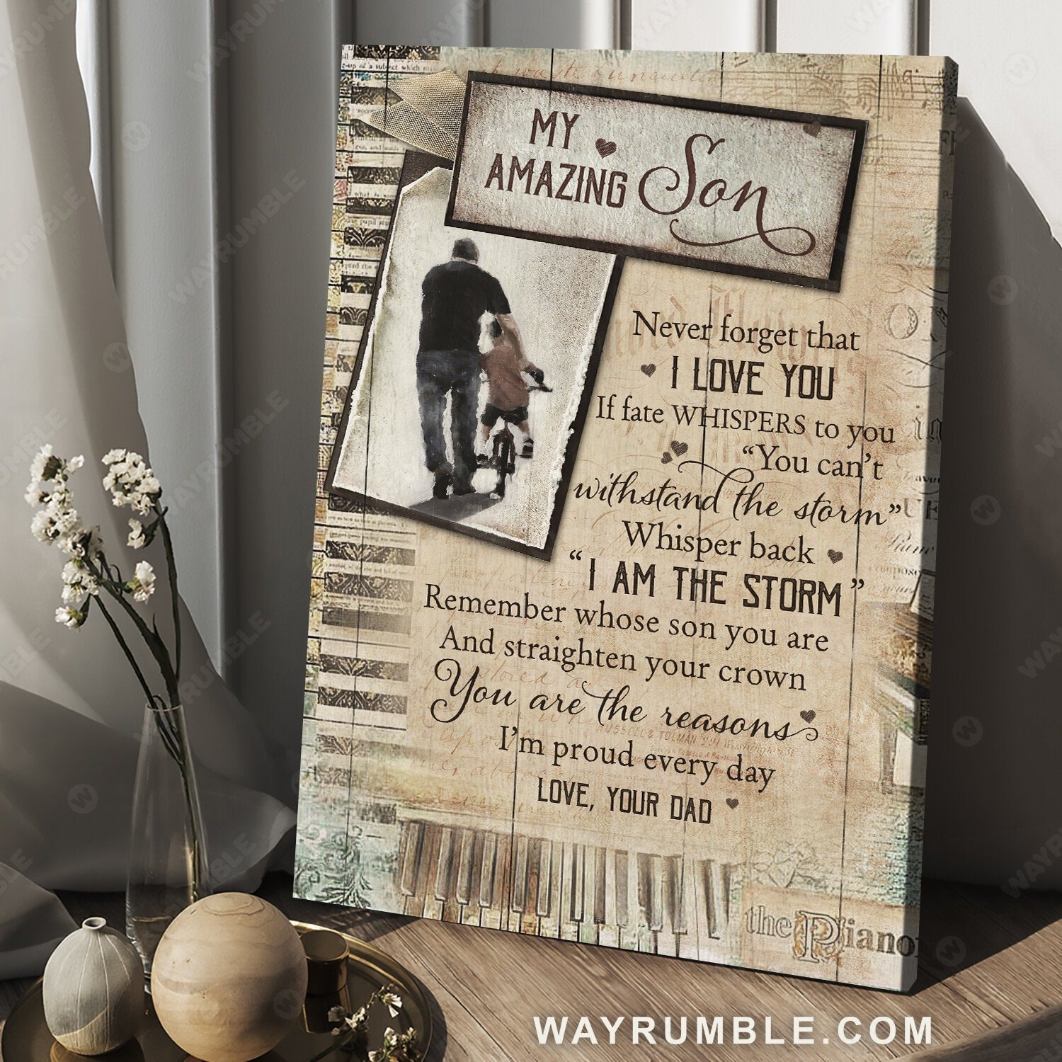 Dad to son, Piano drawing, Old letter, Gift for son, Never forget that I love you - Family Portrait Canvas Prints, Wall Art