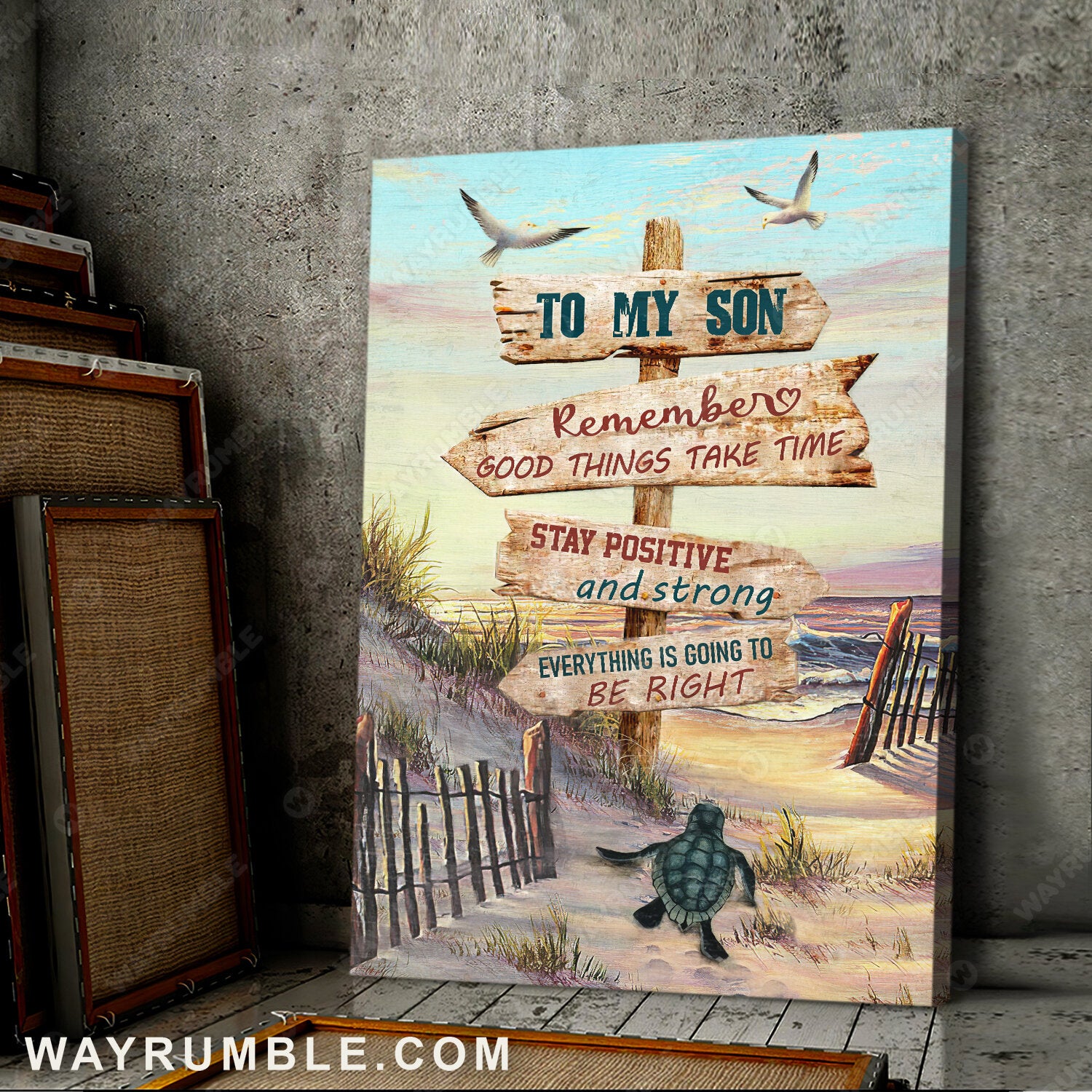 Dad to son, Sea turtle, Pink sunset, Everything is going to be right - Family Portrait Canvas Prints, Wall Art