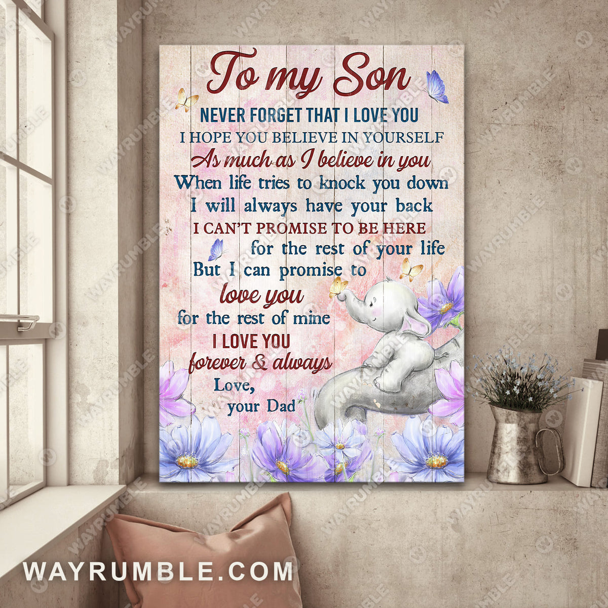 Dad to son, Elephant painting, Purple flower, Never forget that I love you - Family Portrait Canvas Prints, Wall Art