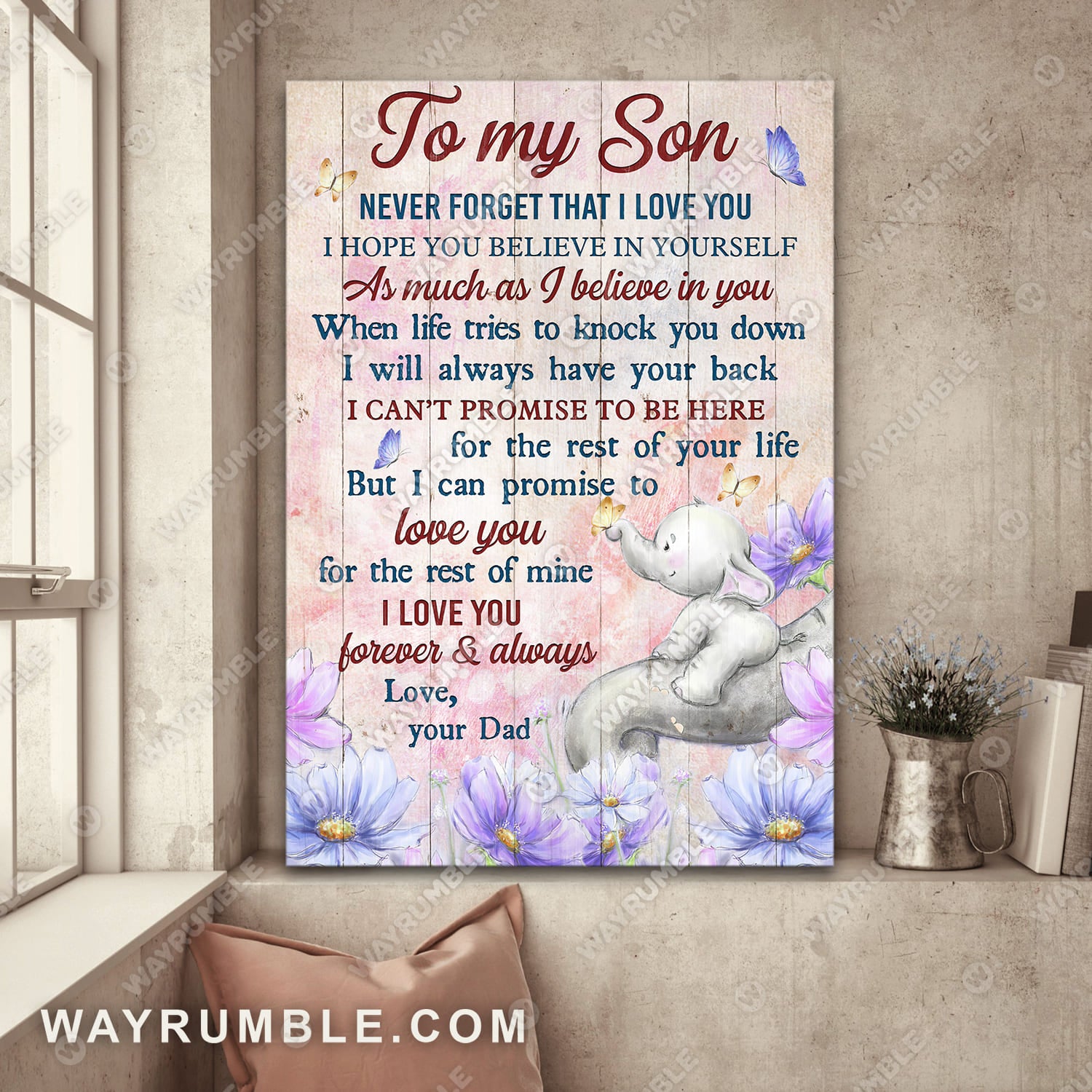 Dad to son, Elephant painting, Purple flower, Never forget that I love you - Family Portrait Canvas Prints, Wall Art