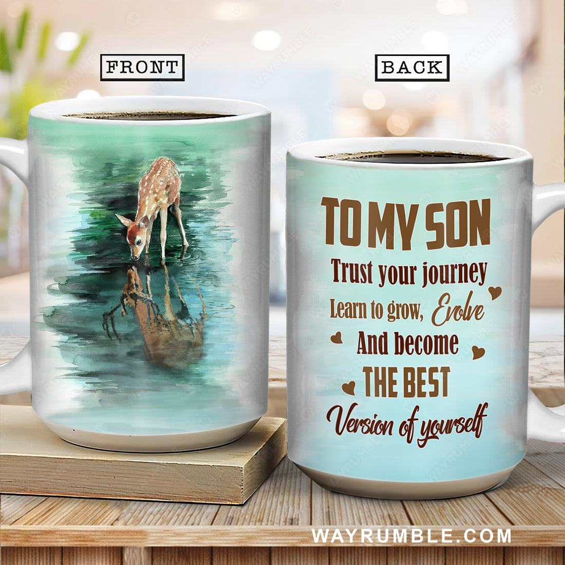 Dad to son, Cute deer drawing, Green background, Become the best version of yourself - Family White Mug