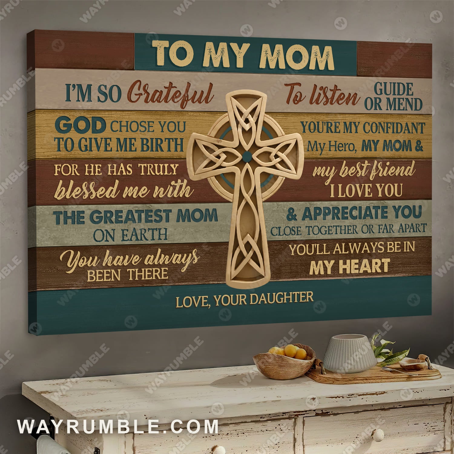 Daughter to mom, Wooden cross, You will always be in my heart - Family Landscape Canvas Prints, Wall Art