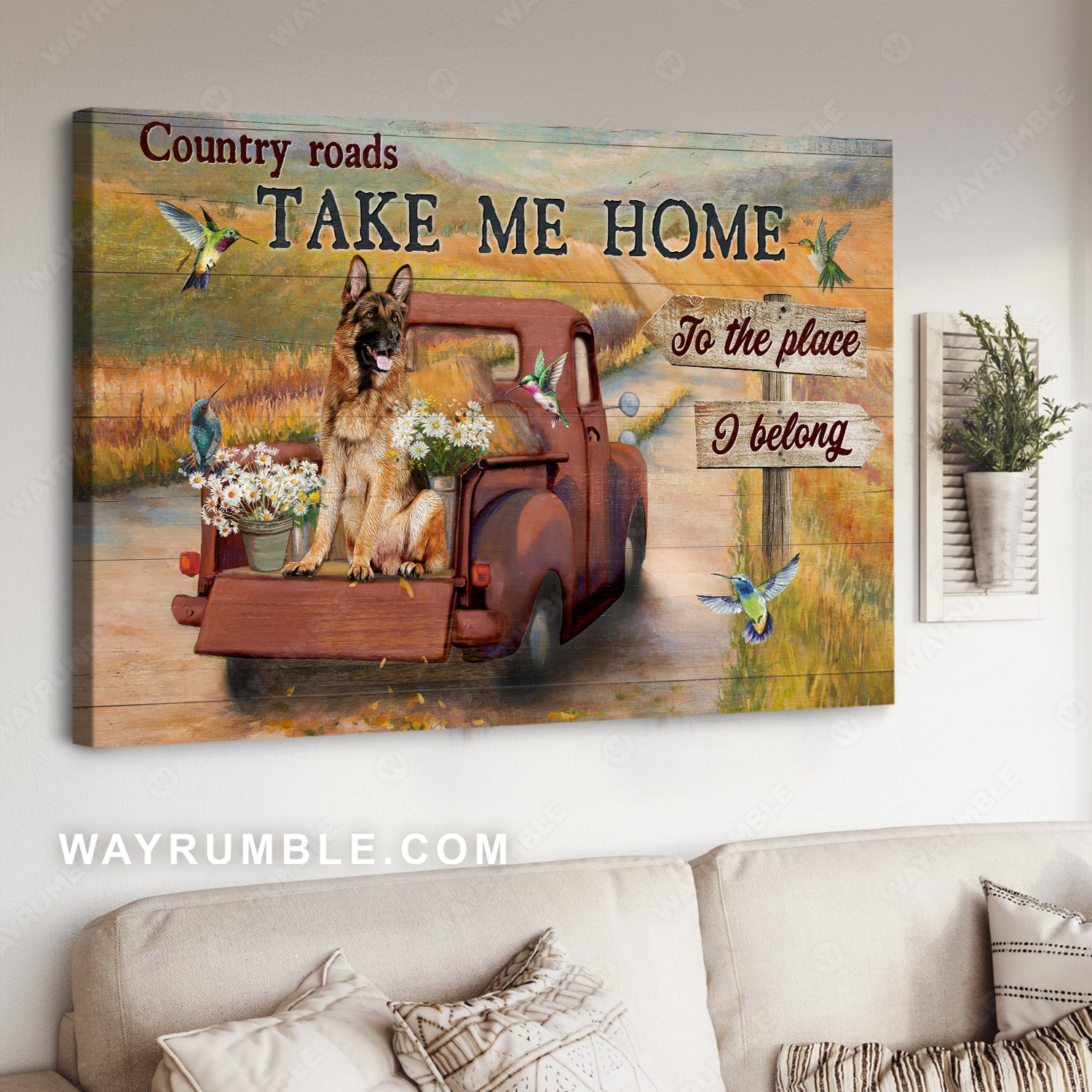 Countryside drawing, German shepherd, Rice field, Country roads take me home - Dog Landscape Canvas Prints, Wall Art