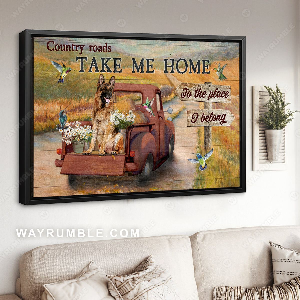 Countryside drawing, German shepherd, Rice field, Country roads take me home - Dog Landscape Canvas Prints, Wall Art