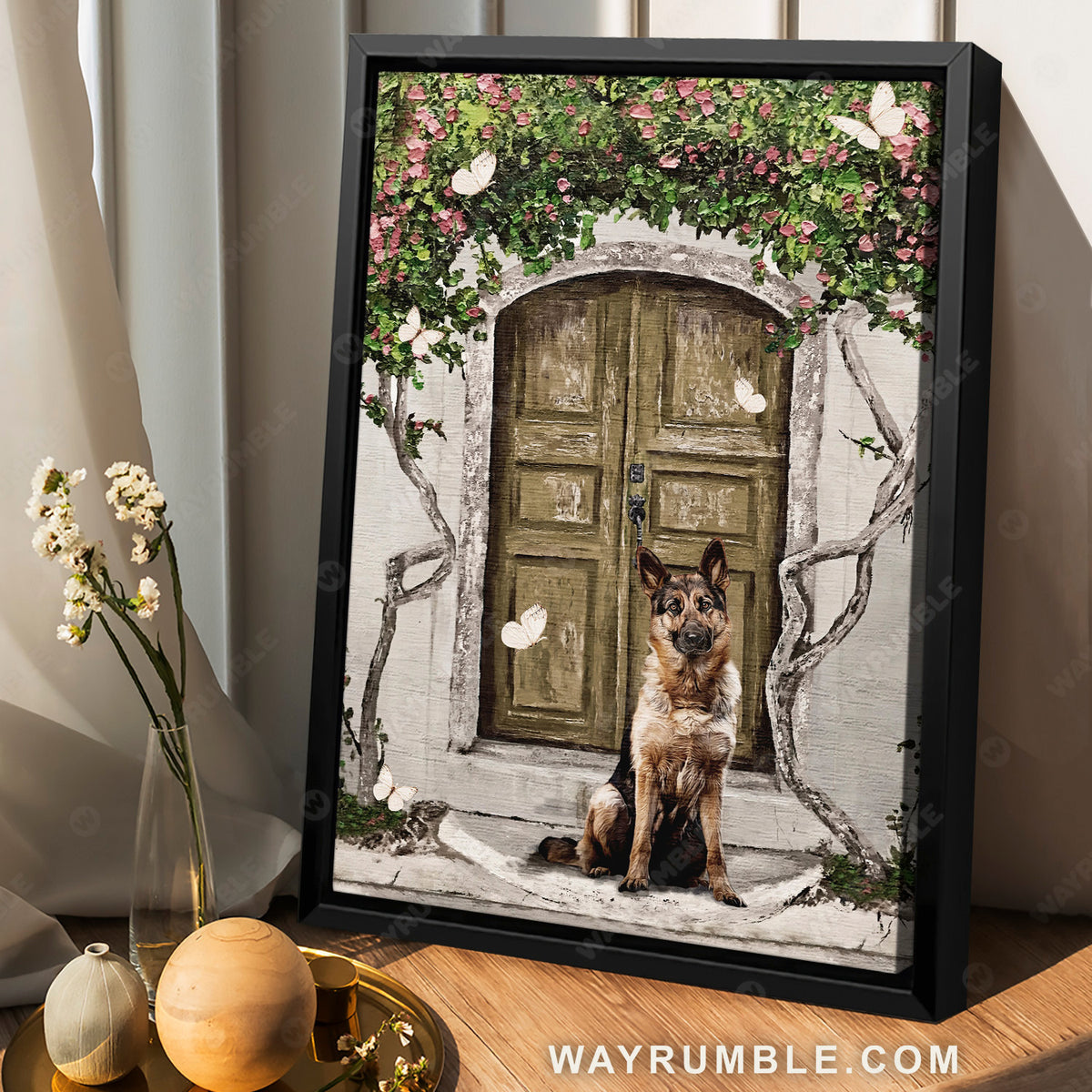German shepherd painting, Flower garden, Spring drawing, White butterfly - German shepherd Portrait Canvas Prints, Wall Art