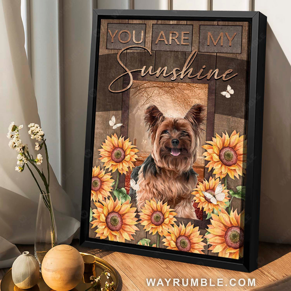Cute Yorkshire Terrier, Sunflower background, You are my sunshine - Yorkshire Portrait Canvas Prints, Wall Art
