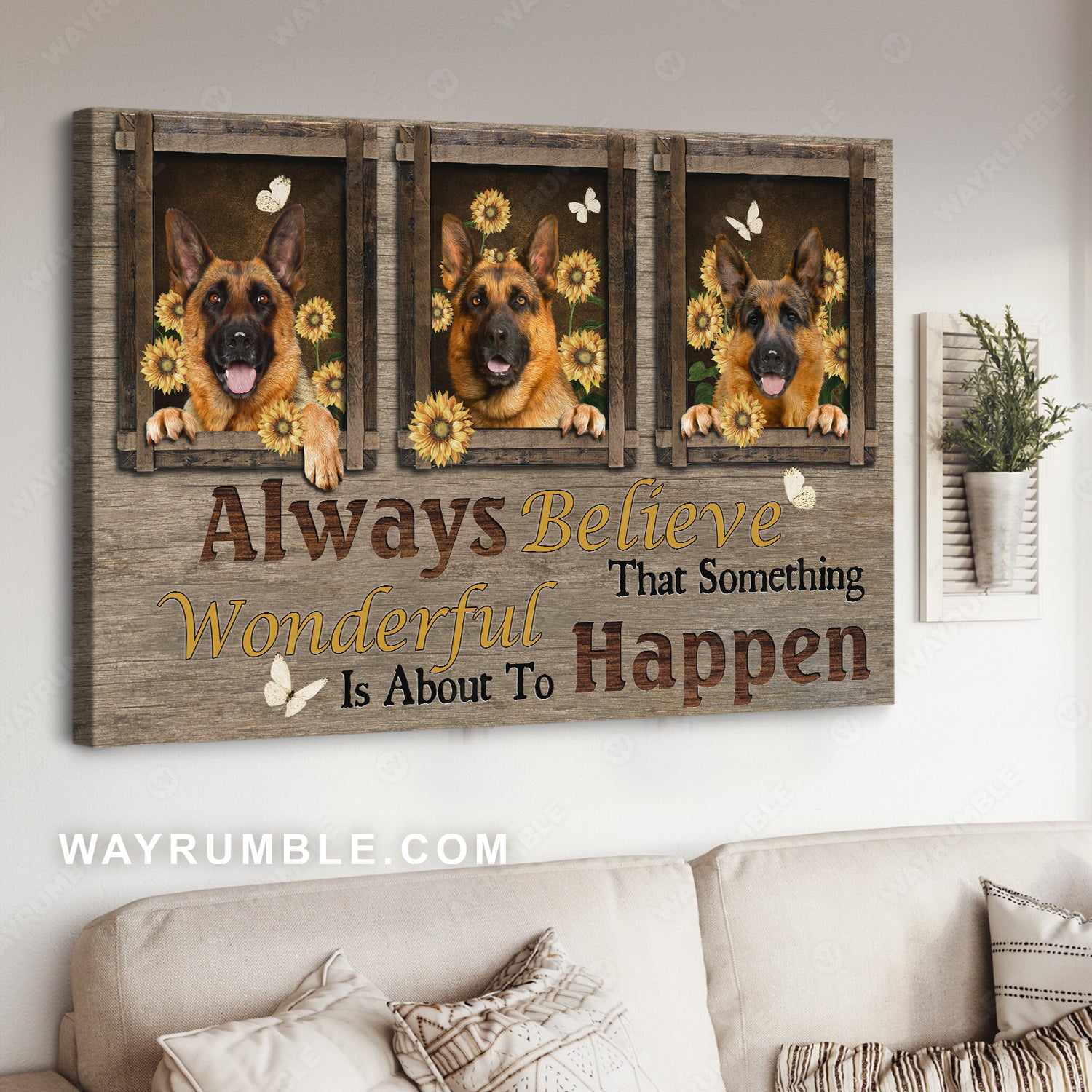 Cute German shepherd, Sunflower drawing, Always believe that something wonderful happen - Dog Landscape Canvas Prints, Wall Art