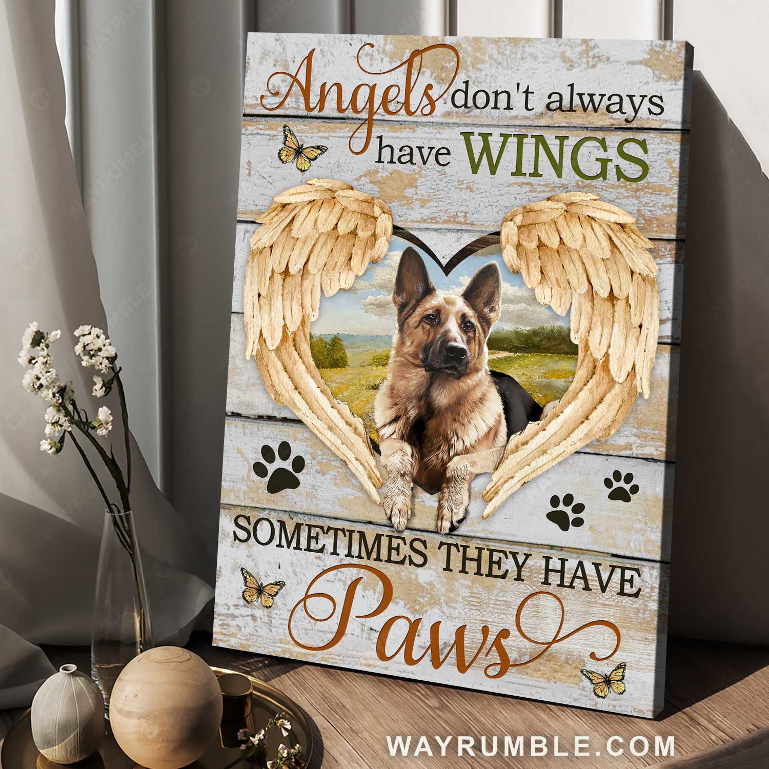 German Shepherd, Golden angel wings, Heart, Angels don't always have wings - Dog Portrait Canvas Prints, Wall Art