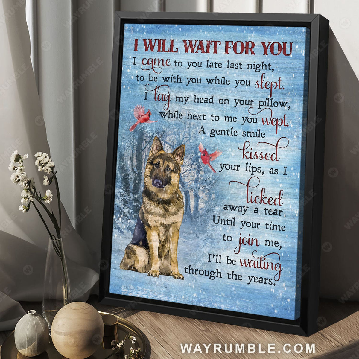 Brown German shepherd, Winter forest, Cardinal, I will wait for you - Dog Portrait Canvas Prints, Wall Art