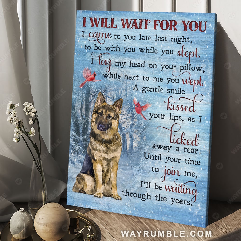 Brown German shepherd, Winter forest, Cardinal, I will wait for you - Dog Portrait Canvas Prints, Wall Art